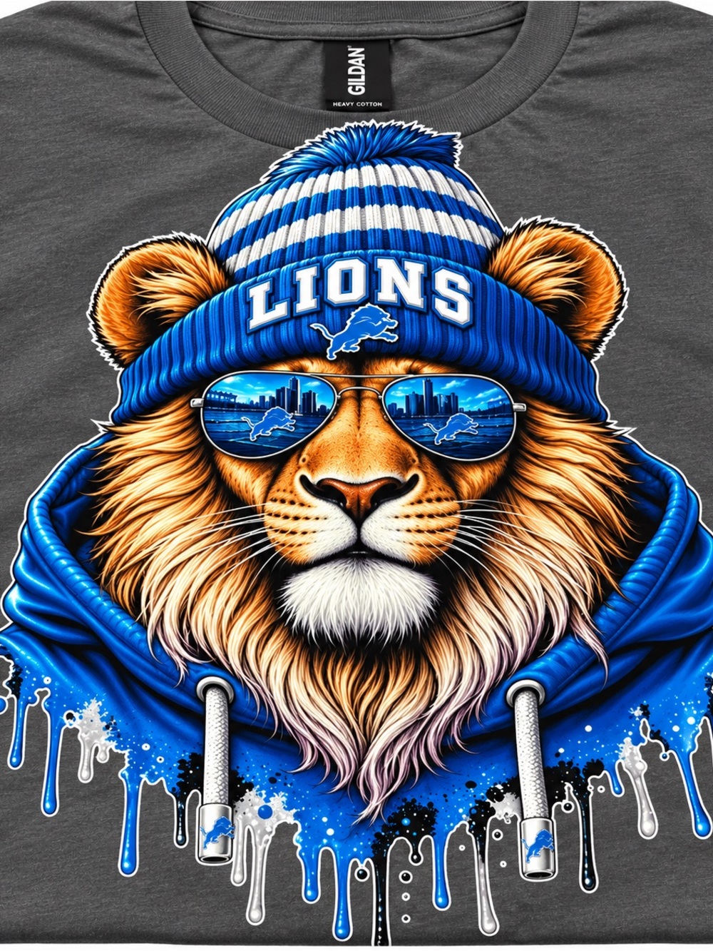 Gildan Men’s Gray Tee with Blue Lions Beanie Graphic